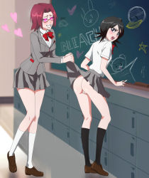 2girls admiring alternate_hairstyle angry ass assisted_exposure bent_elbows black_hair black_legwear black_socks bleach bleach:_sennen_kessen-hen blonde_hair blush bow breasts chalk chalkboard chalkboard_drawing classroom clothes_lift clothes_pull drawing drooling embarrassed feet_up female_focus fingernails grey_shirt grey_skirt heart heart-shaped_pupils highres holding holding_chalk honshou_chizuru knees_together_feet_apart kuchiki_rukia leaning_forward legs legs_together loafers locker long_sleeves looking_at_viewer looking_down looking_to_the_side maroon_hair miniskirt multiple_girls no_underwear open_mouth pale_skin petite purple_eyes pussy red_bow red_hair rozuberry school school_uniform shiny_skin shirt shoes short_hair short_sleeves size_difference skirt skirt_lift skirt_pull small_breasts socks surprised symbol-shaped_pupils teeth thighhighs upskirt white_legwear white_shirt white_socks