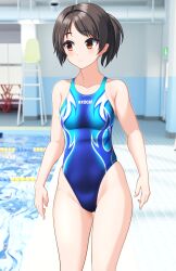 Rule 34 | 1girl, absurdres, black hair, blue one-piece swimsuit, breasts, brown eyes, chair, clothes writing, collarbone, commentary request, competition swimsuit, cowboy shot, feet out of frame, flame print, highleg, highres, indoors, lane line, lifeguard chair, medium breasts, multicolored swimsuit, one-piece swimsuit, original, parted bangs, ponytail, pool, poolside, short hair, skindentation, solo, swimsuit, takafumi