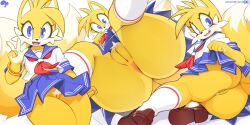 1girl 2025 anus anus_peek artist_name ass blue_eyes blush bottomless bulge crossdressing eyelashes fox fox_boy furry furry_male krokobyaka looking_at_viewer multiple_tails open_mouth pussy sailor_fuku_bishoujo_zukan school_uniform shoes sitting sitting_on_glass skirt socks solo sonic_(series) tail tails_(sonic) two_tails