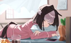 1girl absurdres alternate_costume animal_ears bed brown_hair carrot cellphone cidersour closed_eyes highres horse_ears horse_girl horse_tail lying multicolored_hair on_stomach pajamas phone pillow pink_pajamas short_hair sleeping smartphone solo special_week_(umamusume) tail two-tone_hair umamusume white_hair