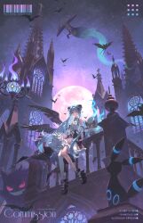 1girl absurdres bird black_wings blue_hair closed_mouth dress english_text frills full_moon gen_2_pokemon highres long_hair looking_at_viewer moon night night_sky nintendo pokemon pokemon_(creature) polora shirt shoes sitting skirt sky socks star_(sky) umbreon very_long_hair wings