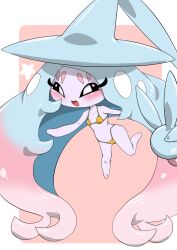 1girl absurdly_long_hair bare_shoulders barefoot big_hair bikini black_sclera blue_hair blue_hat blush border cameltoe clothed_pokemon collarbone colored_sclera colored_skin female_focus flat_chest full_body gen_8_pokemon gold_bikini gradient_hair grey_skin half-closed_eyes happy hat hatterene kazamidoririnn leg_up long_hair looking_at_viewer multicolored_hair nintendo no_feet open_mouth outside_border parted_bangs pink_background pink_hair pokemon pokemon_(creature) prehensile_hair shiny_clothes sidelocks simple_background smile solo star_(symbol) string_bikini two-tone_hair v very_long_hair white_border white_eyes witch_hat