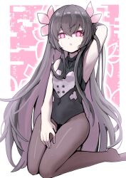 1girl absurdres android armor armpits bare_shoulders black_hair black_leotard breastplate breasts dhy-232 floral_background flower full_body glitch hair_between_eyes hair_flower hair_ornament highres kneeling leotard long_hair mon-musu_quest! mon-musu_quest:_paradox pantyhose pink_background pink_eyes pink_petals presenting_armpit singularity_(mon-musu_quest!) small_breasts white_background