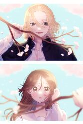 1boy 1girl brown_eyes brown_hair couple face-framing_short_strand highres loose_hair_strand m15391599 parted_bangs round_eyes sailor_collar sano_manjirou school_uniform smile tokyo_revengers