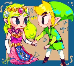 1boy 1girl black_eyes blonde_hair blue_eyes dress gloves jewelry link long_dress long_hair male_focus multiple_boys necklace nintendo pink_dress pointy_ears princess_zelda repikinoko short_hair smile the_legend_of_zelda the_legend_of_zelda:_the_wind_waker tiara toon_link toon_zelda tunic