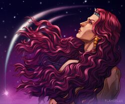 Rule 34 | back, back muscles, bare shoulders, character name, curly hair, earrings, floating hair, glowing, gold earrings, horns, jewelry, jojo no kimyou na bouken, kars (jojo), long hair, makeup, male focus, muscular, night, night sky, pale skin, portrait, profile, purple background, purple hair, red eyes, sky, solo, space, standing, star (sky), upper body, vampire, very long hair, wavy hair