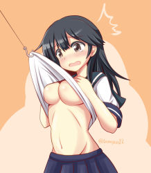 10s 1girl ^^^ black_hair blush breasts brown_eyes clothes_lift female_focus highres hook kantai_collection navel no_bra open_mouth shirt_lift skirt solo standing tamayan tears underboob ushio_(kancolle)