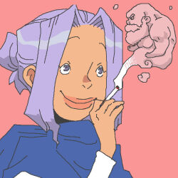 1boy 1girl bald beard blue_hood cigarette closed_mouth commentary_request curtained_hair facial_hair hair_bun holding holding_cigarette hood hood_up kumoi_ichirin lips mini_person miniboy onikobe_rin parted_bangs pink_background purple_eyes purple_hair short_hair simple_background single_hair_bun smile smoke smoking touhou unzan upper_body