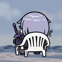 1girl black_jacket chibi chibi_only cloud cloudy_sky devil_may_cry_(series) grey_hair hololive hololive_english jacket jazz_jack katana koseki_bijou koseki_bijou_(casual) lowres meme monobloc_(chair) on_chair outdoors sitting sky solo sword vergil&#039;s_chair_(meme) virtual_youtuber weapon