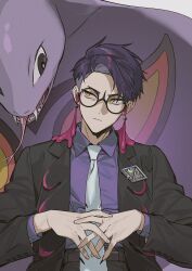 1boy :| arbok belt black-framed_eyewear black_belt black_eyes black_jacket black_pants closed_mouth collared_shirt commentary_request corbeau_(pokemon) dot_nose emblem fangs fingernails forked_tongue gen_1_pokemon glasses highres jacket kitsune_(ly_howe) lapels looking_to_the_side male_focus necktie nintendo open_clothes open_jacket own_hands_clasped own_hands_together pants parted_hair pokemon pokemon_(creature) pokemon_legends:_z-a purple_hair purple_shirt round_eyewear shirt shirt_tucked_in short_hair sideburns snake solo suit_jacket tassel teeth tongue tongue_out white_background white_necktie wing_collar yellow_eyes