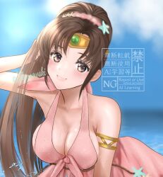 1girl armlet bare_shoulders blue_sky breasts brown_eyes brown_hair cleavage closed_mouth commentary_request fire_emblem fire_emblem:_mystery_of_the_emblem fire_emblem_heroes hand_in_own_hair jewelry jilliannowaki large_breasts linde_(fire_emblem) linde_(summer_rays)_(fire_emblem) long_hair looking_at_viewer nintendo official_alternate_costume sky smile solo swimsuit twitter_username upper_body wet