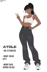 1girl absurdres atole_(lilatole) bare_arms bare_shoulders belt black_hair black_nails blunt_bangs breasts character_age character_name commentary contrapposto crop_top cross cross_necklace dark-skinned_female dark_skin denim english_commentary full_body grey_pants grin heart height highres jeans jewelry latin_cross lilatole looking_at_viewer midriff navel necklace original pants ponytail reference_sheet round_eyewear shirt shoes simple_background small_breasts smile sneakers solo standing tank_top v weight white_background white_shirt white_shoes white_tank_top