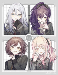 1other 25-ji_nightcord_de._(project_sekai) 3girls :p :q akanbe akiyama_mizuki asahina_mafuyu black_dress black_ribbon blue_eyes blush bob_cut bow bowtie braid brown_bow brown_bowtie brown_eyes brown_hair brown_neckerchief collared_dress column_lineup commentary dot_nose dress eyelid_pull finger_to_eye finger_to_mouth gradient_clothes gradient_dress grey_dress grid_background hair_between_eyes hair_over_shoulder hair_ribbon hand_up high_collar high_ponytail highres hood hood_down hooded_dress kikutouji long_hair long_sleeves looking_at_viewer multiple_girls neckerchief one_eye_closed pink_eyes pink_hair ponytail portrait project_sekai purple_eyes purple_hair ribbon shinonome_ena short_hair side_braid side_ponytail sidelocks sleeves_past_fingers sleeves_past_wrists straight_hair swept_bangs tongue tongue_out twitter_username white_hair wide_sleeves yoisaki_kanade