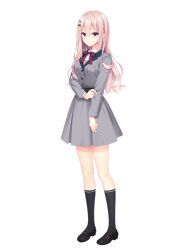 1girl belt black_socks breasts closed_mouth collared_shirt dress full_body grey_dress grey_jacket hair_ornament hairpin harumi_ena jacket kneehighs limelight_lemonade_jam long_hair long_sleeves looking_at_viewer multiple_hairpins muririn official_art pink_hair red_eyes shirt shoes socks solo tachi-e transparent_background very_long_hair white_shirt yuzu-soft