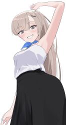 1girl absurdres alternate_costume ascot black_skirt blue_ascot breasts brown_eyes commentary_request from_below grey_hair grin highres kantai_collection l_meet ponytail simple_background skirt small_breasts smile solo standing strapless tube_top wahoo_(kancolle) white_background white_tube_top