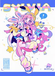 ! 1girl blue_shoes gen_2_pokemon gen_6_pokemon gen_7_pokemon goomy highres leg_warmers long_hair looking_at_viewer mimikyu mole mole_under_eye nintendo open_mouth pink_eyes pink_hair pokemon pokemon_(creature) renzhi00334233 shoes smile solo_focus star-shaped_pupils star_(symbol) sylveon symbol-shaped_pupils very_long_hair white_leg_warmers wobbuffet