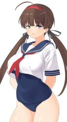 1girl ahoge arms_behind_back black_ribbon blue_eyes blue_one-piece_swimsuit blue_sailor_collar breasts brown_hair closed_mouth covered_navel frown green_eyes hair_intakes hairband hashtag-only_commentary heterochromia highres large_breasts long_hair looking_at_viewer low_twintails neckerchief official_alternate_costume one-piece_swimsuit red_hairband red_neckerchief ribbon ryoubi_(senran_kagura) sailor_collar school_swimsuit senran_kagura senran_kagura_new_link shirt solo swimsuit swimsuit_under_clothes twintails very_long_hair white_shirt yoniki
