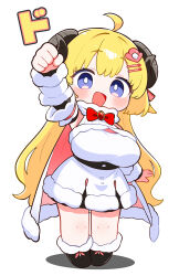1girl absurdres ahoge black_boots black_skirt blonde_hair blue_eyes blush boots bow bowtie breasts bright_pupils cape chibi detached_sleeves double-parted_bangs dress full_body fur-trimmed_boots fur-trimmed_cape fur-trimmed_dress fur-trimmed_sleeves fur_collar fur_trim hair_ornament hairclip highres hololive horns kani_bonara large_breasts long_hair open_mouth pink_cape raised_fist red_bow red_bowtie red_brooch sheep_horns simple_background skirt sleeveless sleeveless_dress smile solo tsunomaki_watame tsunomaki_watame_(1st_costume) two-sided_cape two-sided_fabric underbust very_long_hair virtual_youtuber white_background white_cape white_dress white_pupils