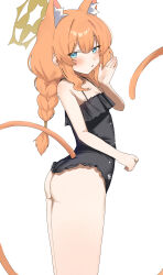 Rule 34 | 1girl, absurdres, alternate costume, animal ear fluff, animal ears, ass, black one-piece swimsuit, blue archive, blue eyes, blush, braid, breasts, cat ears, cat girl, cat tail, d (delt4), extra ears, flower, frilled one-piece swimsuit, frills, from side, hair between eyes, hair flower, hair ornament, highres, looking at viewer, mari (blue archive), one-piece swimsuit, open mouth, orange hair, single braid, small breasts, solo, swimsuit, tail, white flower