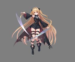 Rule 34 | 1girl, absurdres, armpits, artist request, bare legs, belt, blonde hair, boots, corset, detached sleeves, dress, full body, grey background, hair between eyes, hair intakes, hair ornament, hair weapon, hand up, highres, knife, konjiki no yami, long hair, official art, outstretched arm, parted lips, ragnador, red eyes, shin strap, simple background, skindentation, skirt, sleeveless, sleeveless dress, solo, standing, thigh strap, to love-ru, to love-ru darkness, torn clothes, torn skirt, very long hair, wide sleeves