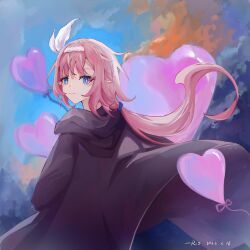 Rule 34 | 1girl, artist name, balloon, black cloak, blue eyes, chinese commentary, cloak, closed mouth, commentary request, dated, elysia (honkai impact), from behind, hair ornament, hairband, heart balloon, highres, honkai (series), honkai impact 3rd, long hair, looking at viewer, looking back, pink hair, pink pupils, pointy ears, rio (user kzxp8757), smile, solo, white hairband