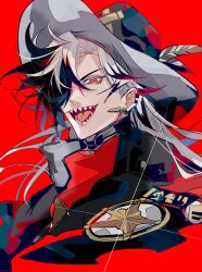 1boy absurdres black_eyes black_hair black_jacket boothill_(honkai:_star_rail) commentary_request cowboy cowboy_hat glowing glowing_eyes grey_hair hair_over_one_eye hat highres honkai:_star_rail honkai_(series) jacket long_hair looking_at_viewer male_focus multicolored_hair portrait red_background sharp_teeth sheriff_badge simple_background solo streaked_hair teeth u_5ham0 western