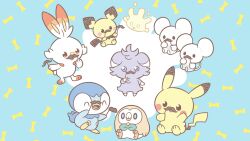 ^_^ bright_pupils closed_eyes commentary_request espurr fake_facial_hair fake_mustache gen_1_pokemon gen_2_pokemon gen_4_pokemon gen_6_pokemon gen_7_pokemon gen_8_pokemon highres holding milcery nintendo no_humans official_art open_mouth pichu pikachu piplup pokemon pokemon_(creature) pokemon_focus rowlet scorbunny smile tandemaus tongue