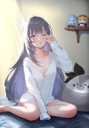 Rule 34 | 1girl, absurdres, bazo (vestia zeta), blue eyes, blush, breasts, character doll, cleavage, collarbone, curtains, doll, grey hair, hair down, highres, hololive, hololive indonesia, indoors, kaela kovalskia, kobo kanaeru, long hair, long sleeves, medium breasts, naked shirt, nineroine, one eye closed, parted lips, rubbing eyes, shelf, shirt, sitting, sleepy, sleeves past fingers, sleeves past wrists, solo, vestia zeta, virtual youtuber, yokozuwari