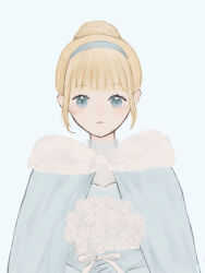 1girl adapted_costume alternate_costume blonde_hair blue_dress blue_eyes bow cinderella_(disney_character) cinderella_(disney_movie) coat dress earrings gloves hairband jewelry looking_at_viewer otoneko78 short_hair smile solo