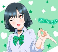 1girl ;d absurdres black_hair blush bow bowtie character_name character_signature choker collared_shirt commentary fang green_bow green_bowtie green_nails gyaru gyaru_v gyarugasaki hair_ornament hairpin heart heart_choker highres kogal kujo_awenn loose_bowtie love_live! love_live!_nijigasaki_high_school_idol_club mifune_shioriko nail_polish official_alternate_costume official_alternate_hairstyle official_style one_eye_closed open_mouth plaid_bow plaid_bowtie plaid_clothes red_eyes shirt short_hair simple_background smile solo sparkle three-quarter_sleeves upper_body v