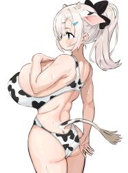 1girl animal_costume animal_ears animal_print ass bfmelu bikini breasts cow_costume cow_ears cow_girl cow_horns cow_print cow_print_bikini cow_tail highres horns huge_breasts original ponytail print_bikini simple_background swimsuit tail white_background white_hair