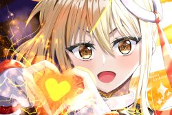 1girl absurdres blonde_hair blush brown_eyes commentary_request eternal_light_(love_live!) gloves happy_birthday heart heart_hands highres love_live! love_live!_nijigasaki_high_school_idol_club mixed-language_commentary miyashita_ai open_mouth ring_hair_ornament sagradafamilial smile solo sparkle white_gloves yellow_background yellow_light
