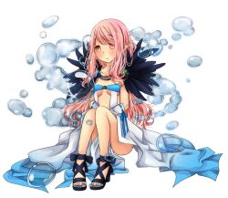 1girl black_sandals blue_dress blue_nails blush breasts bubble closed_mouth commentary_request detached_sleeves dress frown full_body fur_collar gradient_clothes gradient_dress long_hair looking_at_viewer medium_breasts meiko_(nattu303) pink_eyes pink_hair pointy_ears ragnarok_online ribbon-trimmed_sleeves ribbon_trim sandals simple_background sitting sleeveless sleeveless_dress solo sorcerer_(ragnarok_online) toenails water white_background white_dress white_sleeves