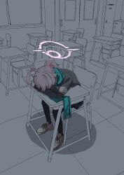 1girl absurdres ahoge black_pantyhose black_skirt blue_archive blue_scarf chair depressed desk halo highres hoshino_(blue_archive) kiroshi long_sleeves on_chair pantyhose partially_colored pink_hair pink_halo scarf school_chair school_desk shoes sitting skirt solo white_shoes