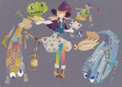1girl abstract blonde_hair blue_shirt blush book boots broom broom_riding brown_boots capelet commentary_request frilled_skirt frills gradient_pantyhose grey_background hair_over_eyes hat highres holding holding_quill holding_wand long_bangs long_hair masking_tape_(medium) mixed_media oil_lamp open_book original partial_commentary pink_skirt purple_capelet purple_hat quill se_bone0627 shirt skirt smile solo traditional_media twintails unconventional_media wand witch