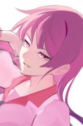 1girl alternate_eye_color arm_up bakemonogatari collared_shirt eyelashes juliet_sleeves kwata_kuwa long_hair long_sleeves looking_at_viewer monogatari_(series) naoetsu_high_school_uniform necktie parted_lips pink_eyes pink_shirt portrait puffy_sleeves purple_hair school_uniform senjougahara_hitagi shirt sidelocks simple_background sketch solo white_background