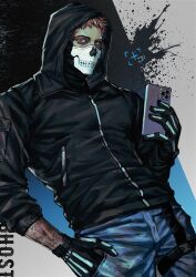 1boy absurdres alternate_costume arm_tattoo arm_up black_jacket black_shirt blonde_hair blue_pants brown_eyes call_of_duty call_of_duty:_modern_warfare_2 cellphone cowboy_shot dutch_angle ghost_(modern_warfare_2) gloves highres holding holding_phone holster hood hood_up hooded_jacket jacket looking_at_viewer male_focus mask pants phone print_gloves shirt short_hair skull_mask solo tattoo thigh_holster turtleneck z71060671 zipper