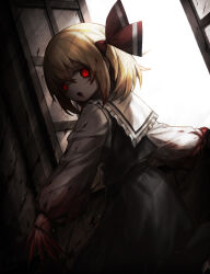 1girl :o black_skirt black_vest blonde_hair blood blood_from_mouth blood_on_clothes blood_on_face blood_on_hands bob_cut bow buttons collared_shirt commentary_request cowboy_shot dutch_angle frilled_shirt_collar frills hair_bow highres long_sleeves looking_at_viewer open_mouth open_window partial_commentary puffy_long_sleeves puffy_sleeves red_eyes rumia sharp_teeth shirt short_hair sidelighting skirt skirt_set slit_pupils solo spark621 teeth touhou turning_around vest white_shirt window