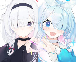 2girls arona_(blue_archive) black_choker blue_archive blue_hair blush braid buttoned_cuffs buttons choker colored_inner_hair grey_hair hair_over_one_eye heart heart_hands heart_hands_duo highres long_sleeves looking_at_viewer multicolored_hair multiple_girls pink_hair plana_(blue_archive) polar_opposites ran_(bearsoymilk) school_uniform serafuku smile symmetrical_hand_pose teeth two-tone_hair upper_body upper_teeth_only white_choker