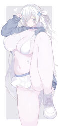 1girl absurdres azur_lane blue_eyes braid breasts choker cleavage colored_skin covered_erect_nipples cropped_jacket foot_out_of_frame grey_choker grey_jacket hair_ribbon heart highleg highleg_panties highres holding huge_breasts jacket large_variant_set londom_(lonhomewell) long_hair microskirt navel open_clothes open_jacket open_mouth panties pantyshot revealing_clothes ribbon skindentation skirt solo standing standing_on_one_leg tb_(azur_lane) thigh_strap underwear variant_set very_long_hair white_hair white_panties white_ribbon white_skin white_skirt white_sneakers white_theme
