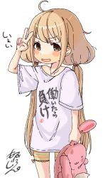 1girl ahoge blonde_hair blush_stickers brown_eyes commentary_request futaba_anzu idolmaster idolmaster_cinderella_girls long_hair looking_at_viewer low_twintails mofujiro open_mouth shirt shorts smile solo t-shirt twintails v