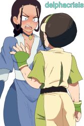 2girls angry ass avatar:_the_last_airbender avatar_legends black_hair blue_dress blue_eyes blush breasts brown_hair cleavage delpha_crisis dress fingerless_gloves gloves grabbing_another&#039;s_breast green_dress green_gloves groping hair_ornament hairband jewelry katara long_hair long_sleeves medium_breasts multiple_girls necklace nickelodeon open_mouth short_hair short_sleeves standing teeth toph_beifong white_background yuri