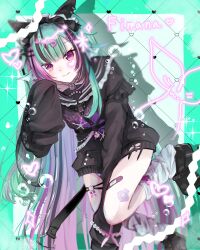 00_syahu 1girl absurdres aqua_hair arm_between_legs bandaid_on_thigh black_hair blunt_bangs blush bubble finana_ryugu finana_ryugu_(jirai_kei) heart highres light_smile long_sleeves looking_at_viewer loose_socks maid_headdress nijisanji nijisanji_en nose_blush pink_eyes pink_hair platform_shoes sleeves_past_fingers sleeves_past_wrists socks solo thigh_strap virtual_youtuber