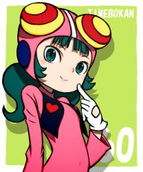 1girl beeru_(veil8801) black_vest blue_eyes blue_hair closed_mouth copyright_name covered_navel drop_shadow finger_to_face gloves hand_up heart heart_print highres index_finger_raised junko_(time_bokan) long_hair long_sleeves open_clothes open_vest smile solo time_bokan time_bokan_(series) vest white_gloves