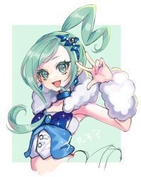 1girl :d arm_warmers blue_choker choker diamond_earrings earrings eyelashes green_eyes green_hair hair_ornament high_ponytail highres jewelry lisia_(pokemon) looking_at_viewer mipokec nintendo open_mouth pokemon pokemon_oras ponytail smile solo twitter_username upper_body