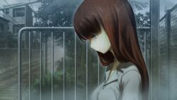 1girl blue_eyes closed_mouth cloud cloudy_sky collarbone collared_shirt game_cg grey_sky highres huke long_hair long_sleeves looking_down non-web_source official_art open_collar railroad_tracks red_hair ringed_eyes sad shiina_kagari shirt sky solo steins;gate steins;gate_0 white_shirt