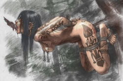 1girl all_the_way_through arms_behind_back barefoot bdsm black_hair blood bondage bound bound_legs bound_wrists breasts corpse death ero_guro female_focus forest guro hanging_breasts hiroaki_samura hitodenashi_no_koi human_sacrifice impaled in_tree medium_breasts murder nature nipple_piercing nipple_weights nipples nude outdoors piercing rope samura_hiroaki shibari sketch solo tattoo toes torture tree tribal violence