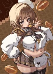 1girl apron belly bread bready_(nikke) breasts brown_eyes brown_hair candy food goddess_of_victory:_nikke hat highres holding large_breasts licking_food lollipop looking_at_viewer low_twintails moxydraws navel plump shirt skirt solo thick_thighs thighhighs thighs tongue tongue_out twintails waist_apron white_shirt wide_hips
