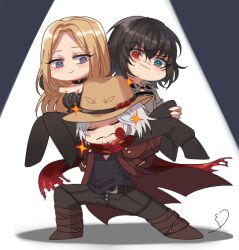 1boy 2girls black_hair black_pants black_shirt blonde_hair blue_eyes closed_eyes dante_(devil_may_cry) devil_may_cry_(series) devil_may_cry_5 flower green_eyes hat heterochromia jacket lady_(devil_may_cry) multiple_girls nero_is_so_cute pants protected_link red_eyes red_jacket red_scarf rose scarf shirt sitting_on_shoulder smile sparkle trish_(devil_may_cry) white_hair