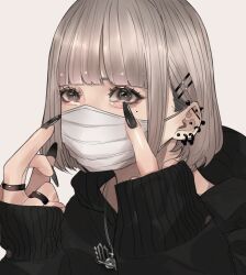 1girl aegyo_sal barbell_piercing black_hoodie black_nails blunt_bangs covered_mouth ear_piercing earrings eyelashes glitter_makeup grey_background grey_eyes grey_hair hair_ornament hairclip highres hood hood_down hoodie jewelry long_sleeves mano_aaa mask middle_finger mole mole_under_eye mouth_mask multiple_rings nail_polish necklace original parallel_hairclips piercing planet_necklace portrait ring short_hair simple_background sleeves_past_wrists solo stud_earrings very_long_fingernails